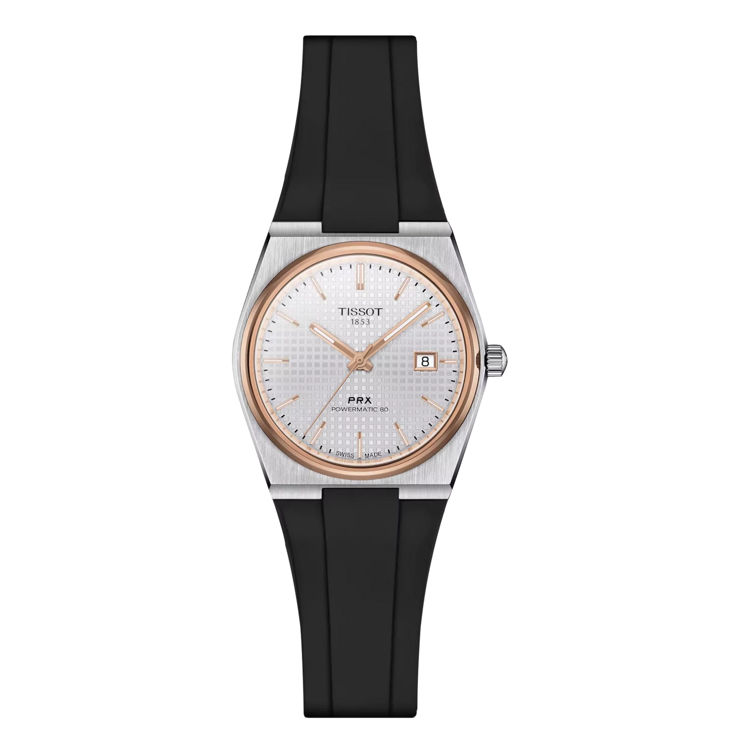 TISSOT PRX – CADRAN BLANC, LUNETTE DORÉE & BRACELET NOIR