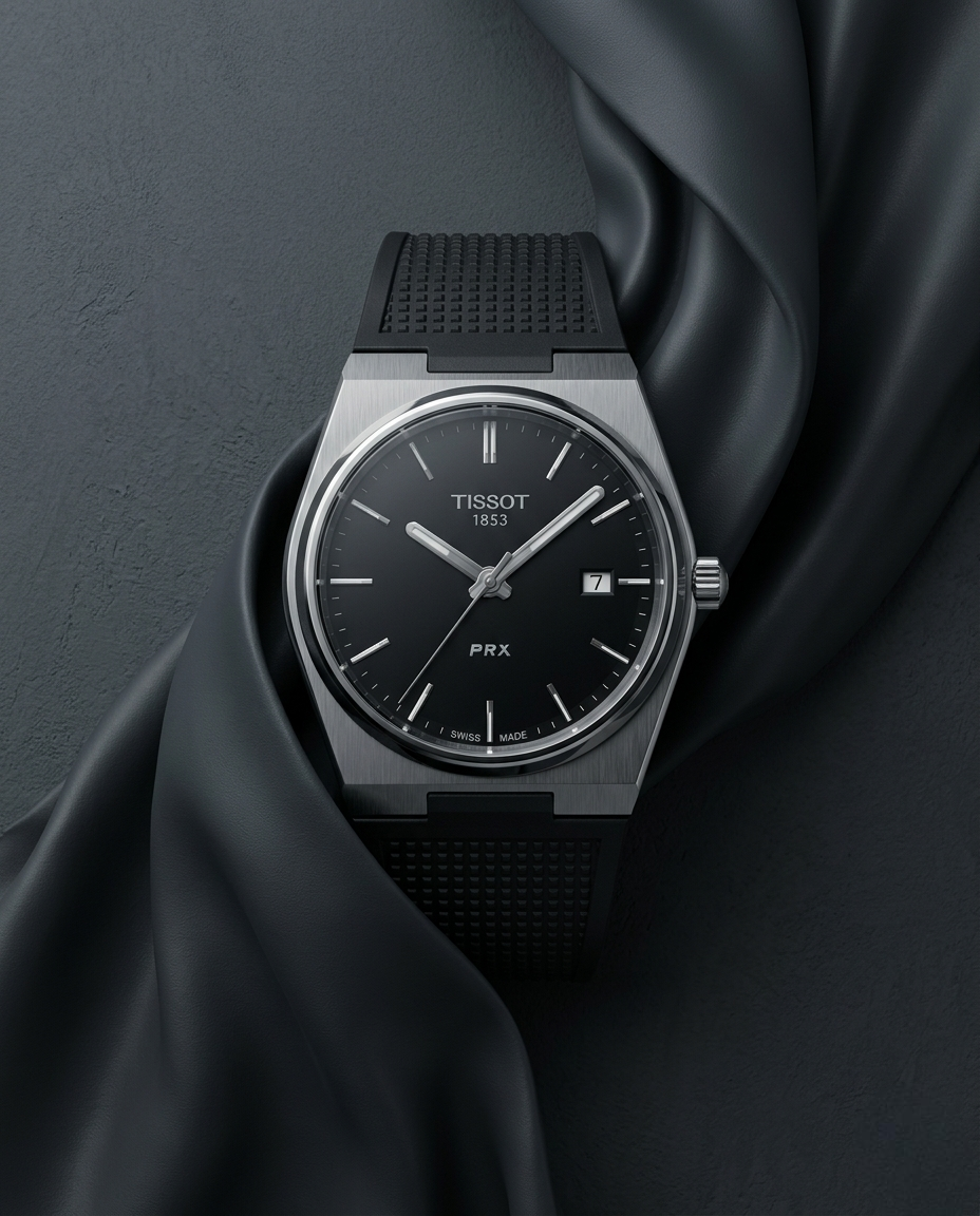 Tissot Prx - Fond Noir & Bracelet Caoutchouc Noir