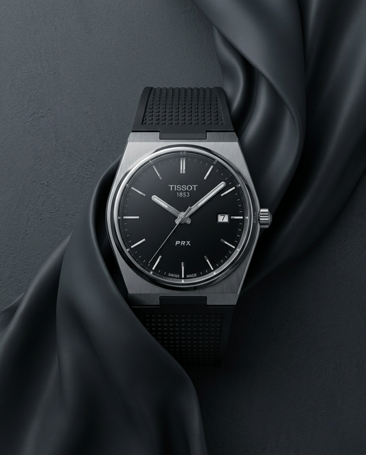 Tissot Prx - Fond Noir & Bracelet Caoutchouc Noir