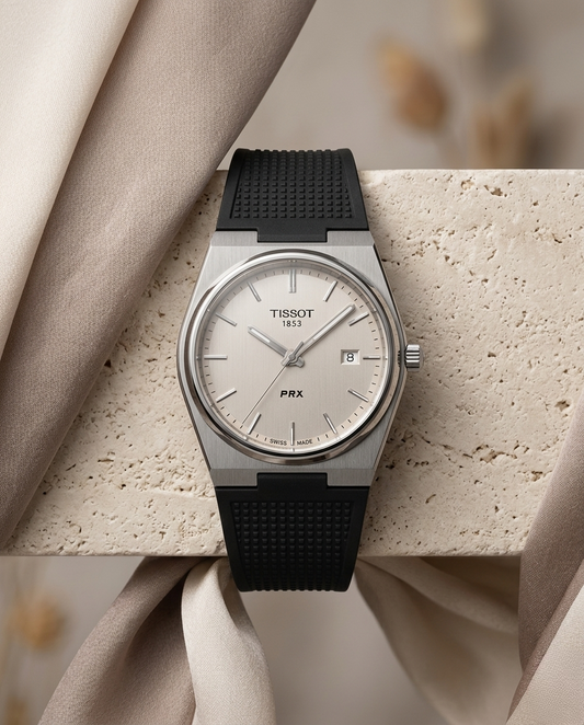 Tissot Prx - Fond Blanc & Bracelet Caoutchouc Noir