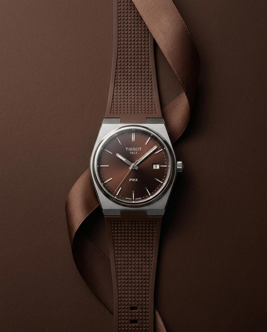Tissot Prx - Fond Marron & Bracelet Caoutchouc Marron